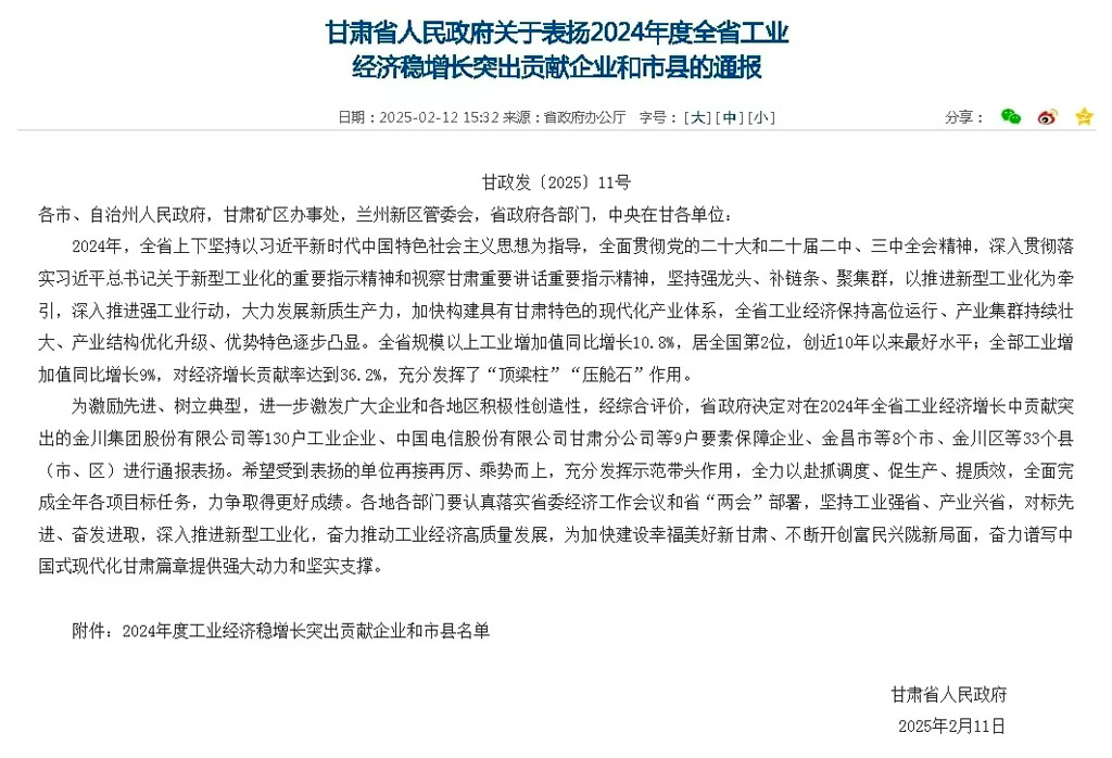 星火數(shù)控公司受到甘肅省人民政府通報(bào)表?yè)P(yáng) 獲評(píng)“2024年度全省工業(yè)經(jīng)濟(jì)穩(wěn)增長(zhǎng)突出貢獻(xiàn)企業(yè)”稱號(hào) 